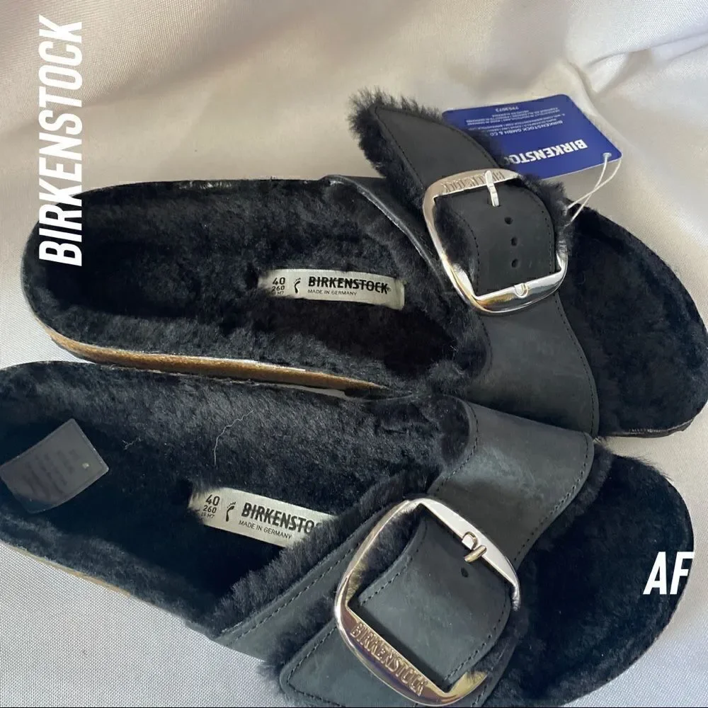 BIRKENSTOCK MADRID SHEARLING BIG BUCKLE SANDALS BLACK NEW NWT